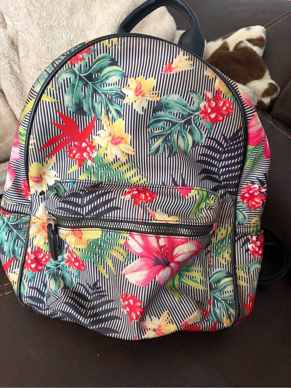 Floral Tropical Print Mini Backpack - Black and Multicolor